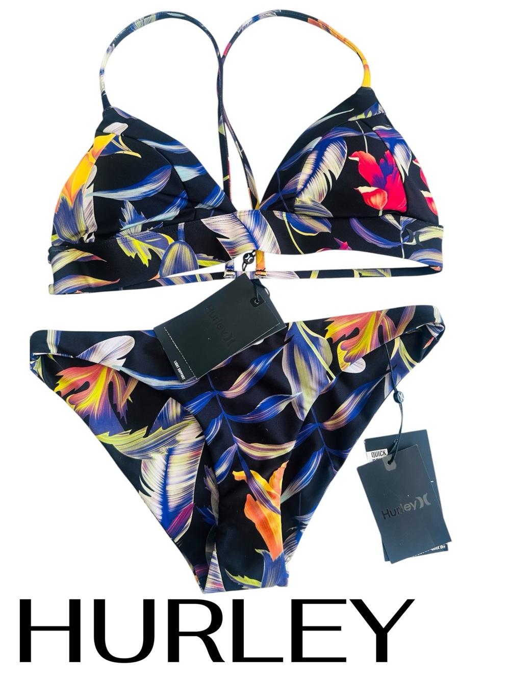 Hurley Women’s Black Bikini Set with Multicolor Tropical Leaf Print